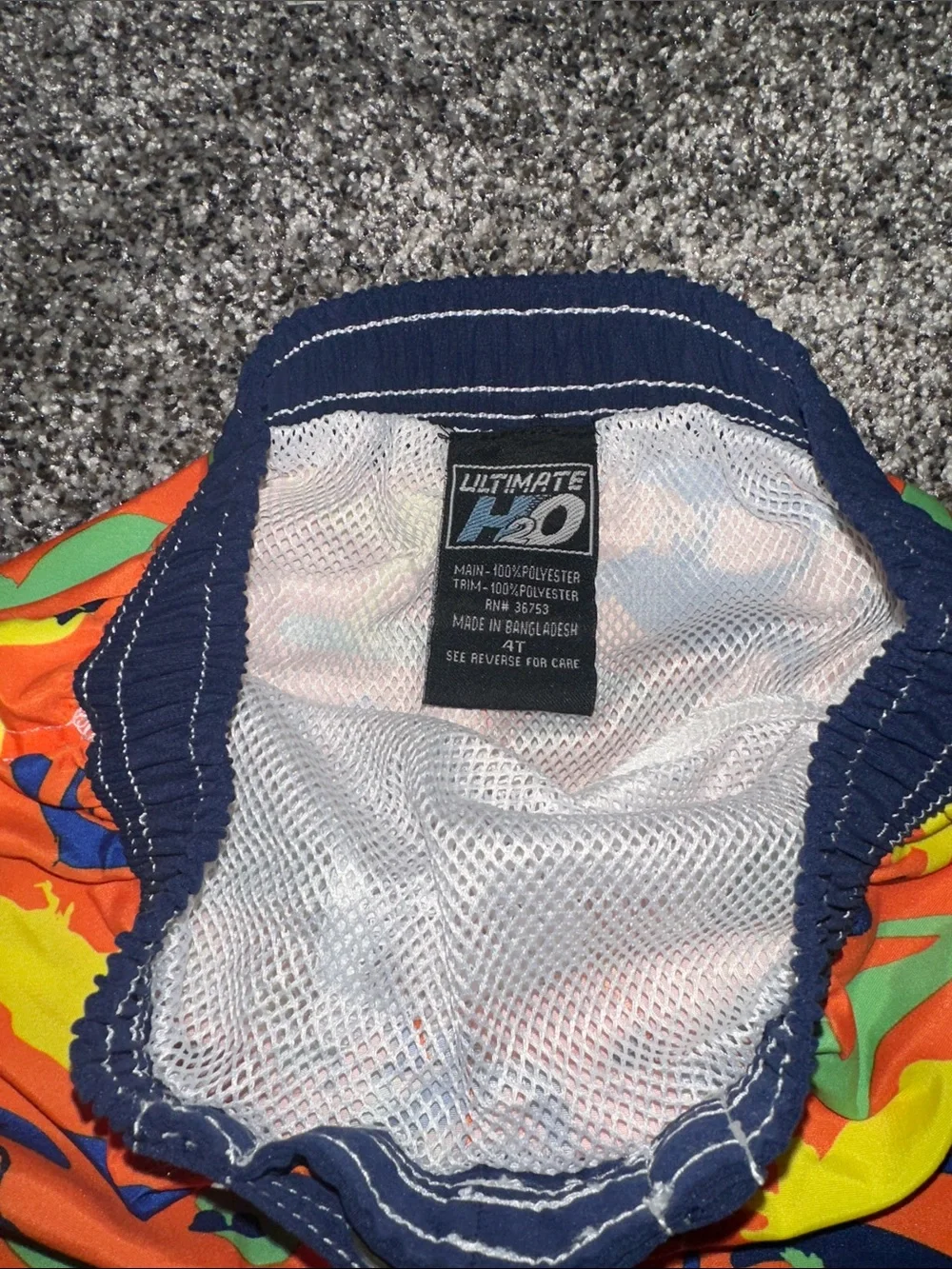 Bright Orange Dino Swim Trunks for Kids with Navy Waistband